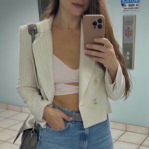 Zara Beige Pinstripe Double Breasted Cropped Blazer Size L Tailored Jacket